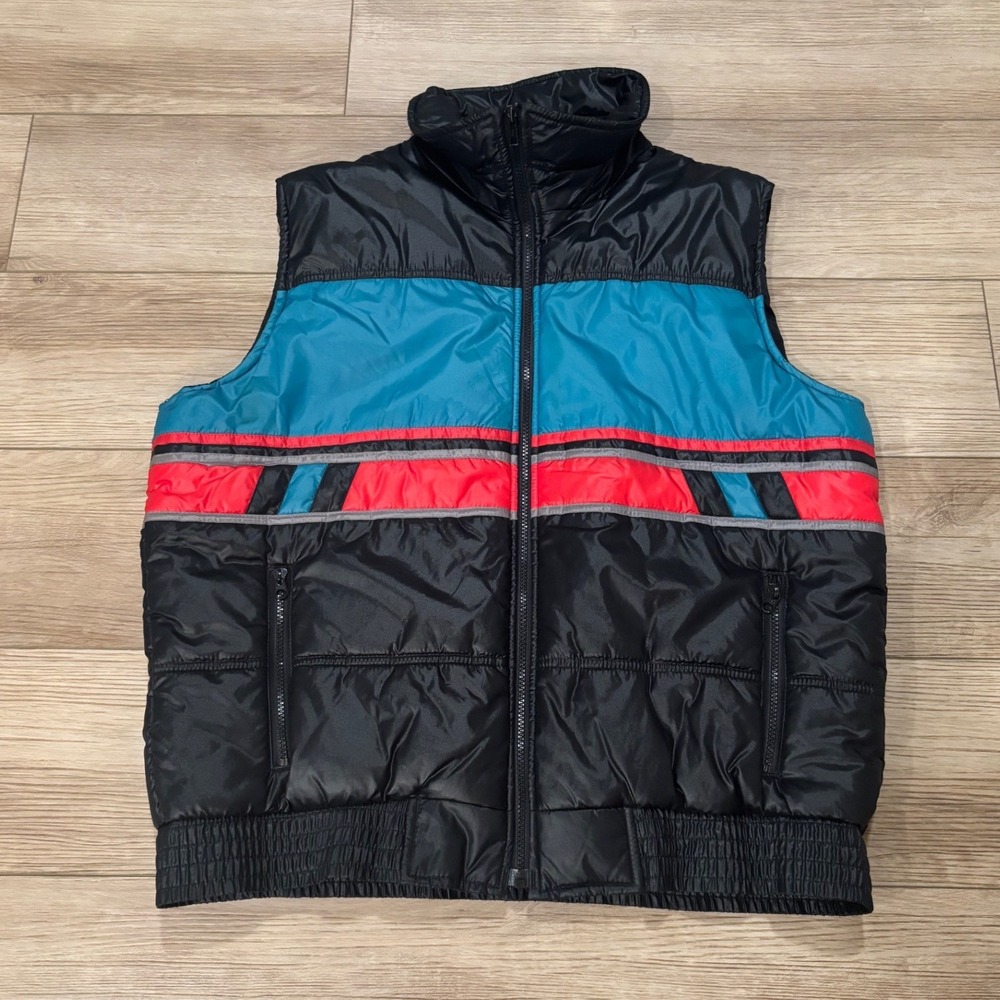 Vintage Alpine Ski Puffer Vest Black Teal Red Colorblock P3903A Mens XL Vintage